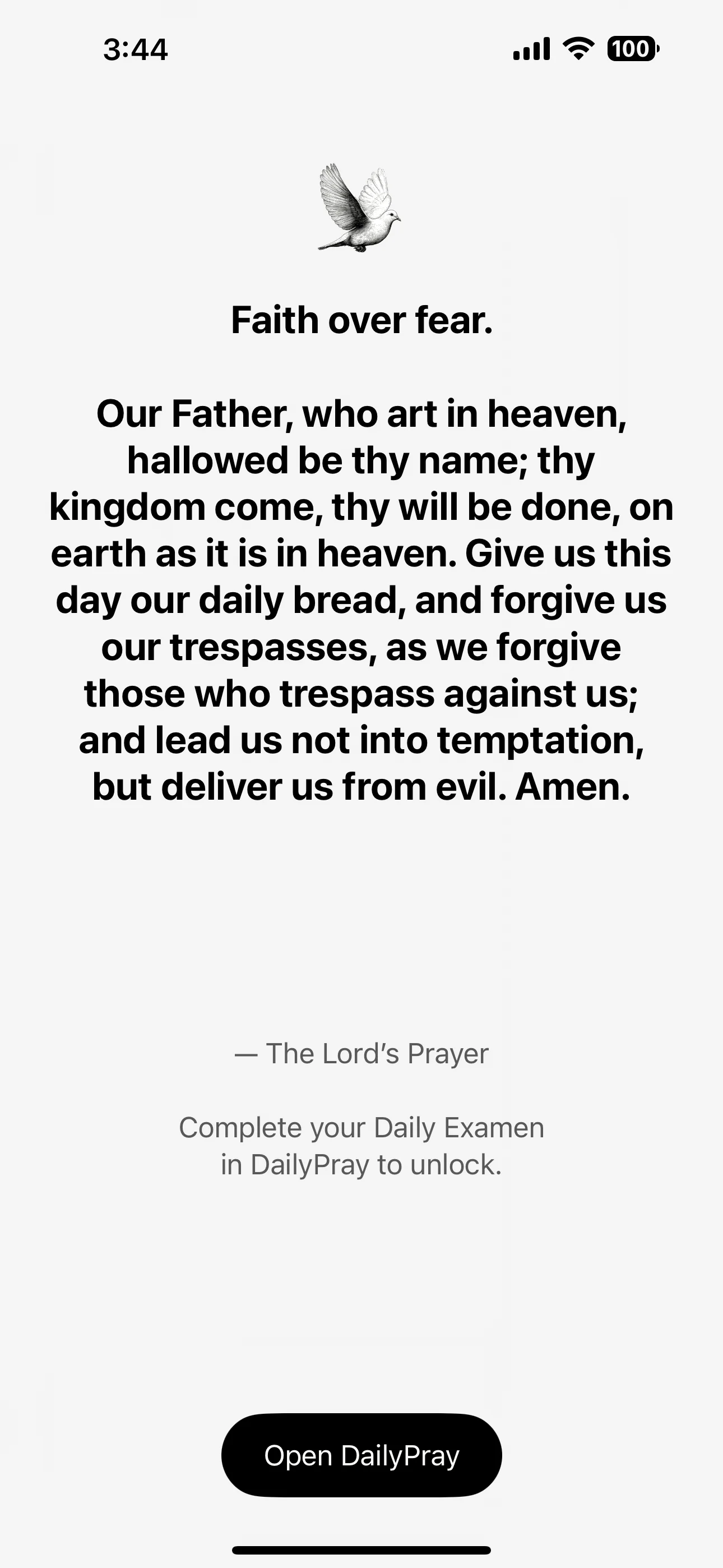 DailyPray app shield screen showing the Lord’s Prayer