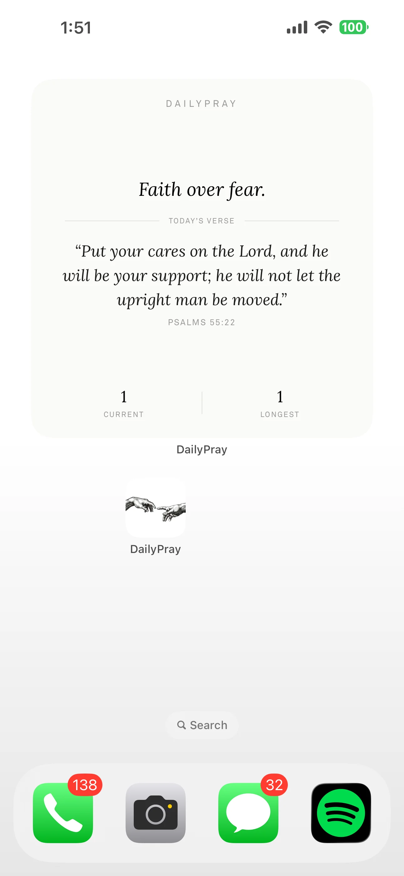 DailyPray home screen widget showing daily verse and prayer streak